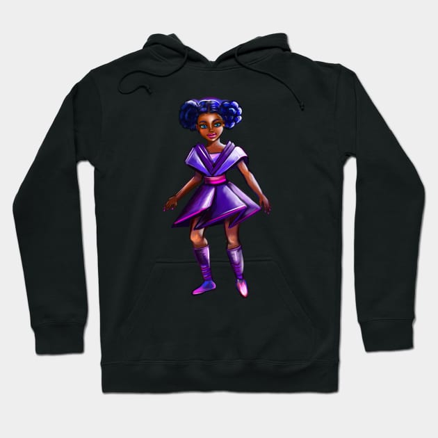 Anime girl with two puffs. Back lit. Black afro anime girl in purple from outer space ! beautiful  black girl with Braided hair, blue eyes, Cherry pink lips and dark brown skin. Hair love ! Hoodie by Artonmytee